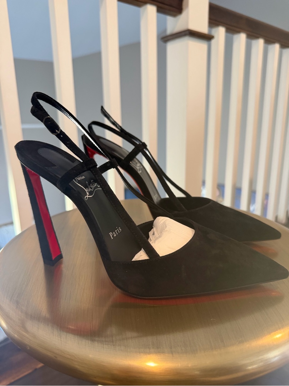 Christian Louboutin Black Suede Pointed Slingback Heels with Red Soles